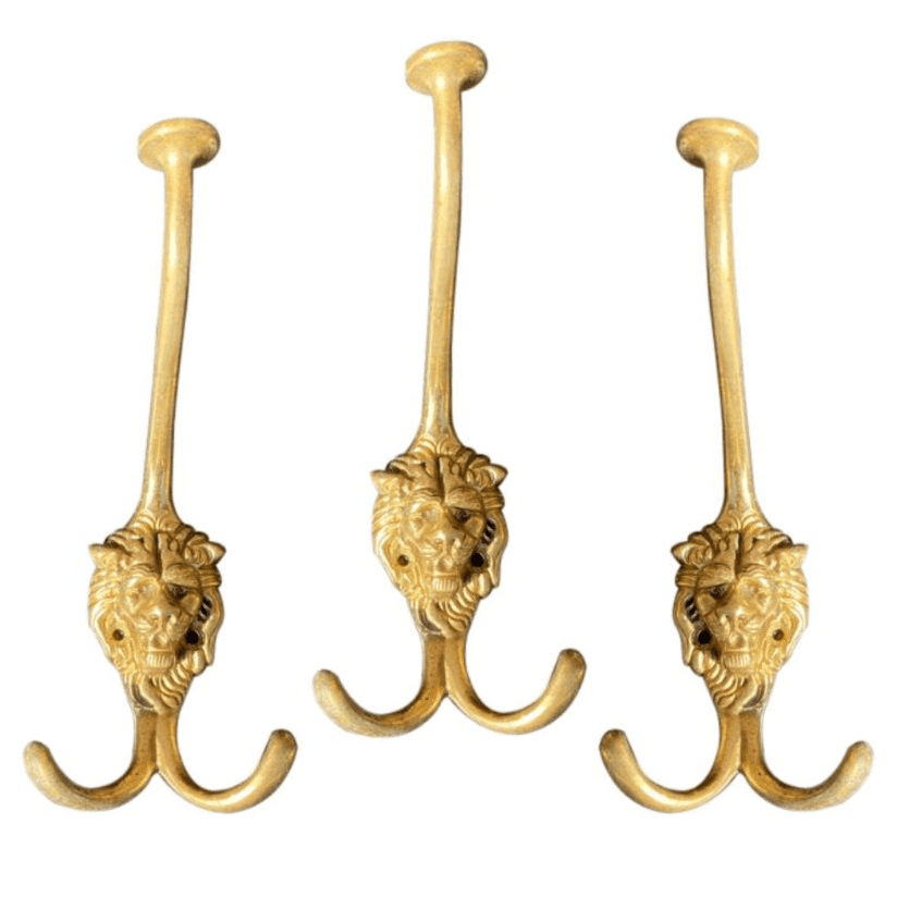 Solid Brass Lion Head Coat Hangers/Wall Hooks - Set of 9 - MAIA HOMES