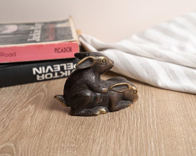 Solid Brass Making-Love Rabbits Figurine