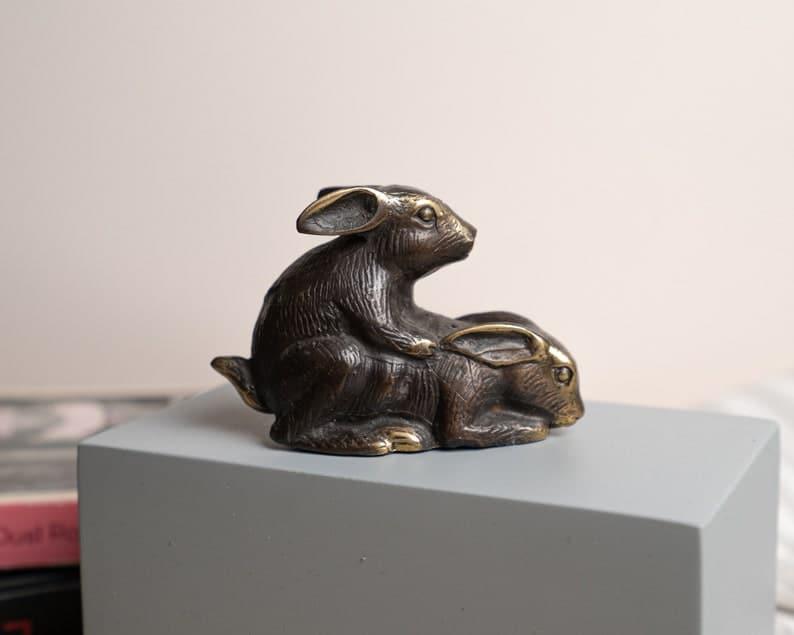 Solid Brass Making-Love Rabbits Figurine