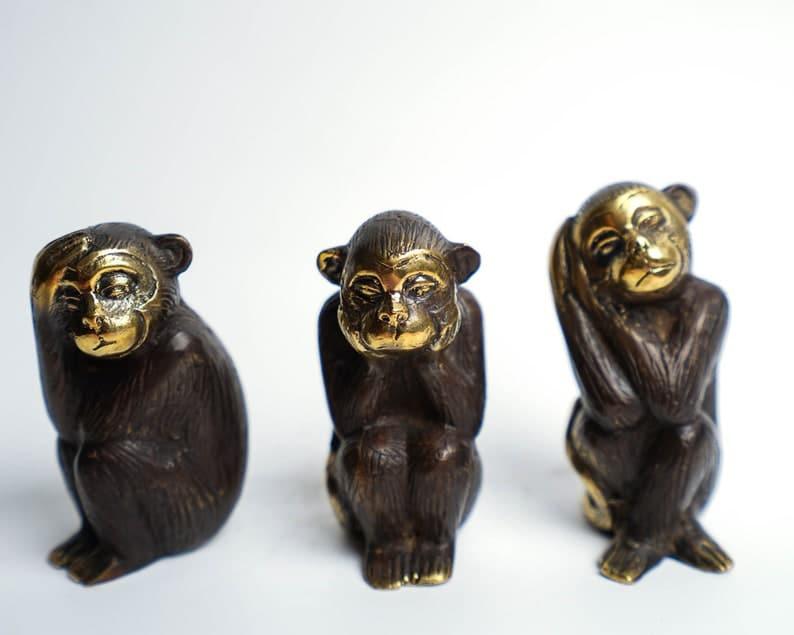 Solid Brass Monkey Statues - Set of 3