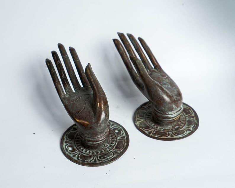 Wood and Bronze Mudra Hands Wall Rack -  Singapore