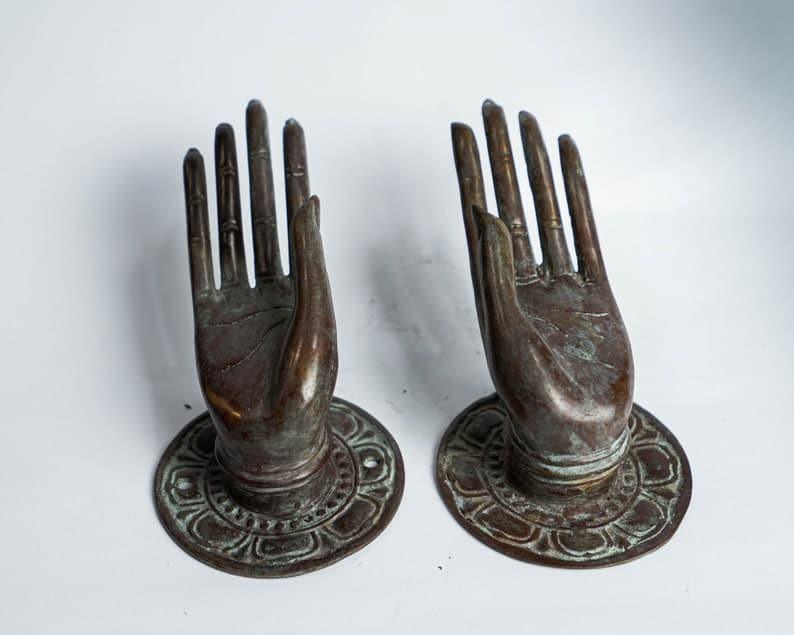 Solid Brass Shuni Mudra Buddha Hand Door Knob Handles - 2 pcs Antique