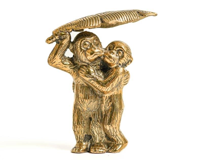 Solid Brass Two Funny Monkey Under Banana Leaf Figurine POLISHED BRASS