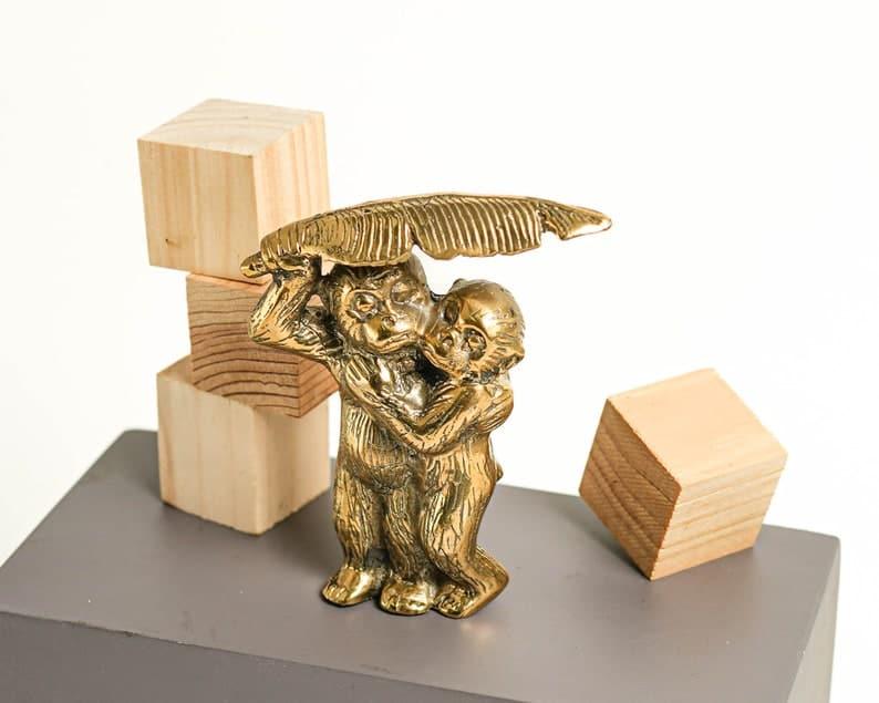 Solid Brass Two Funny Monkey Under Banana Leaf Figurine