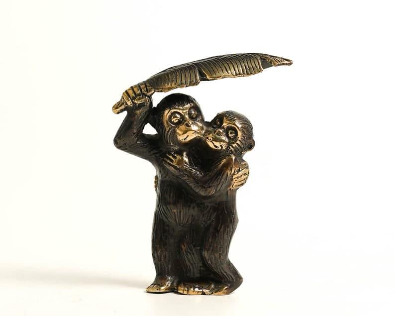 Solid Brass Two Funny Monkey Under Banana Leaf Figurine BLACK POLISH FINISH