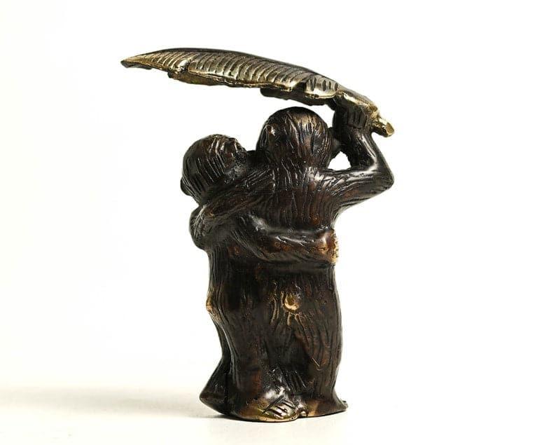 Solid Brass Two Funny Monkey Under Banana Leaf Figurine