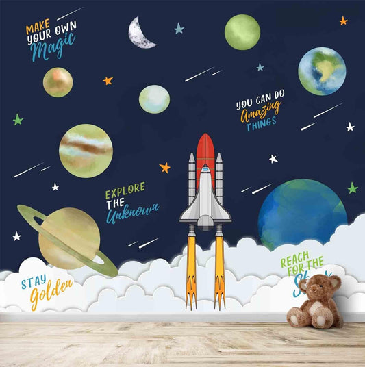 Space Theme Kids Room Wallpaper With Planets, Rockets and Motivational Quotes
