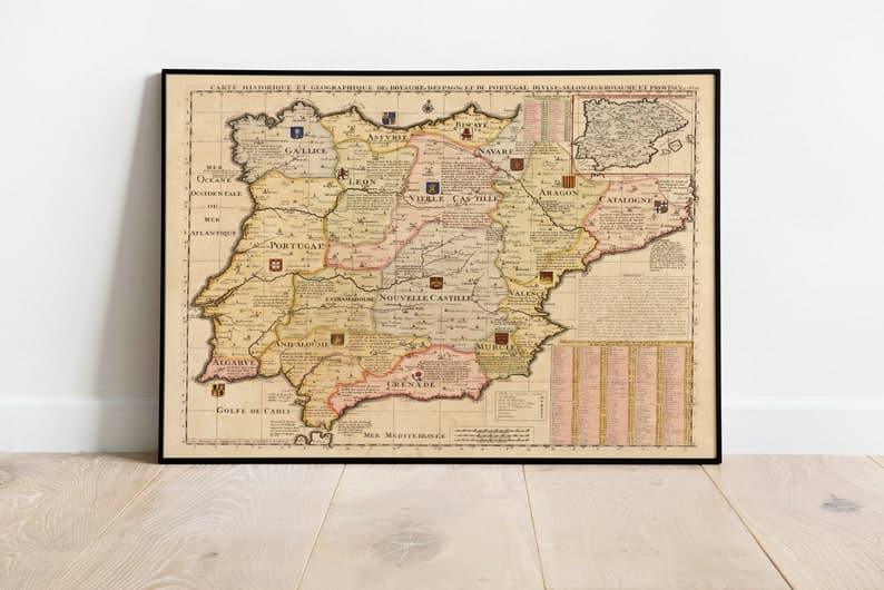 Spain Map Wall Print| 1719 Spain Map