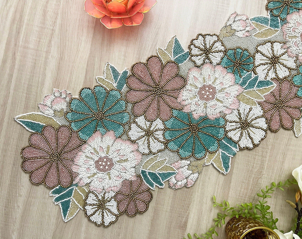 Spring Floral Garden Beaded Table Runner