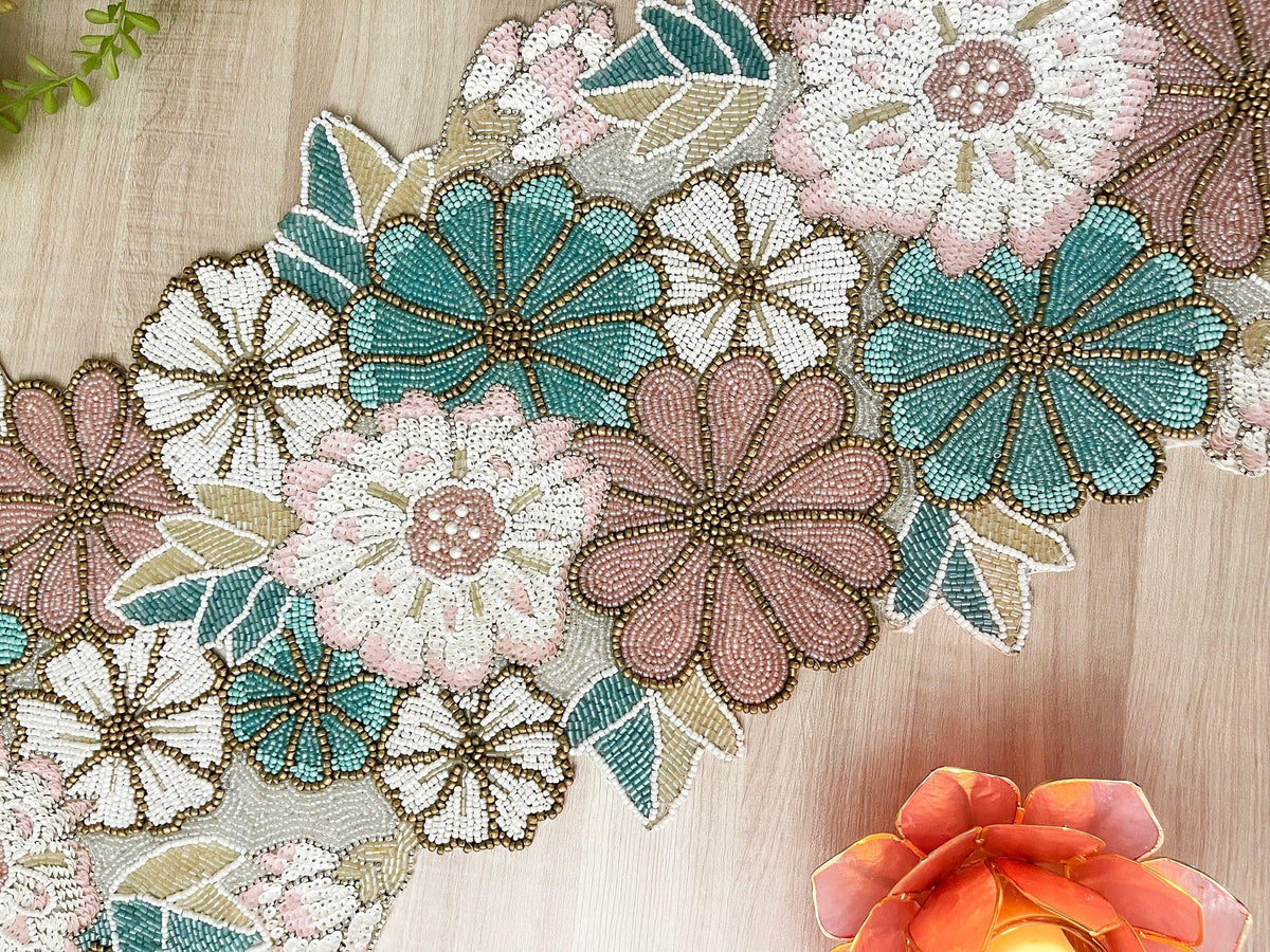 Spring Floral Garden Beaded Table Runner