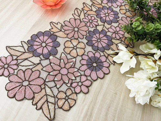 Spring Floral Garden Beaded Table Runner - Pink - MAIA HOMES