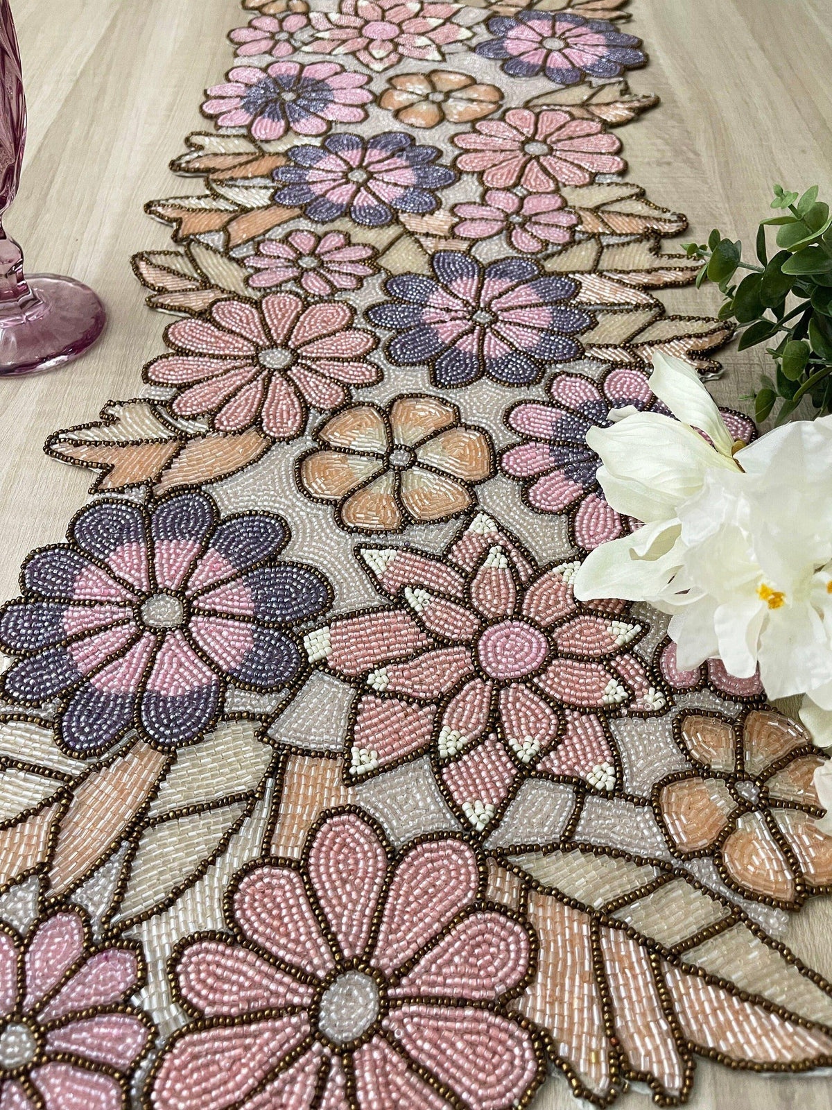 Spring Floral Garden Beaded Table Runner - Pink