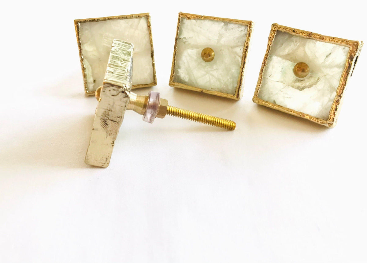 Square White Agate Dresser Cabinet Drawer Pull - Set of 4