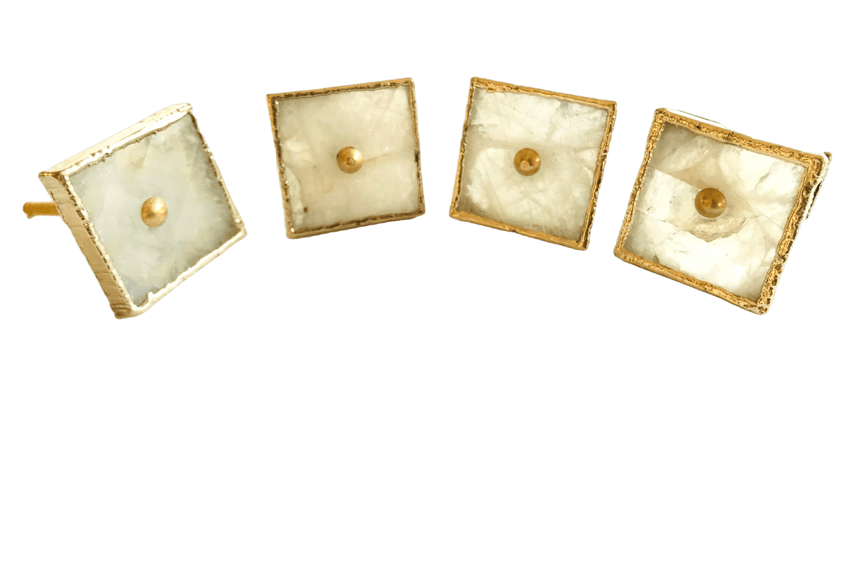 Square White Agate Dresser Cabinet Drawer Pull - Set of 4