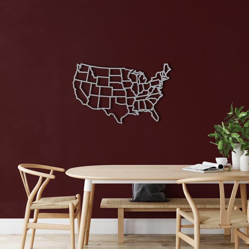 States of America Map Metal Wall Art Silver