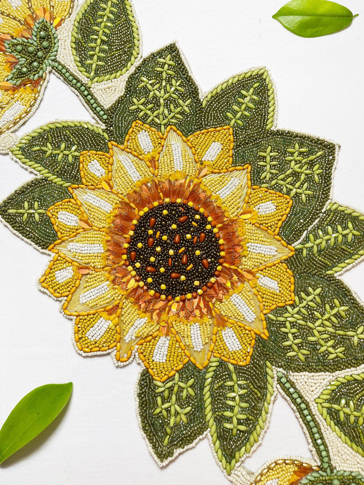 Sunflower and Leaves Beaded Table Runner