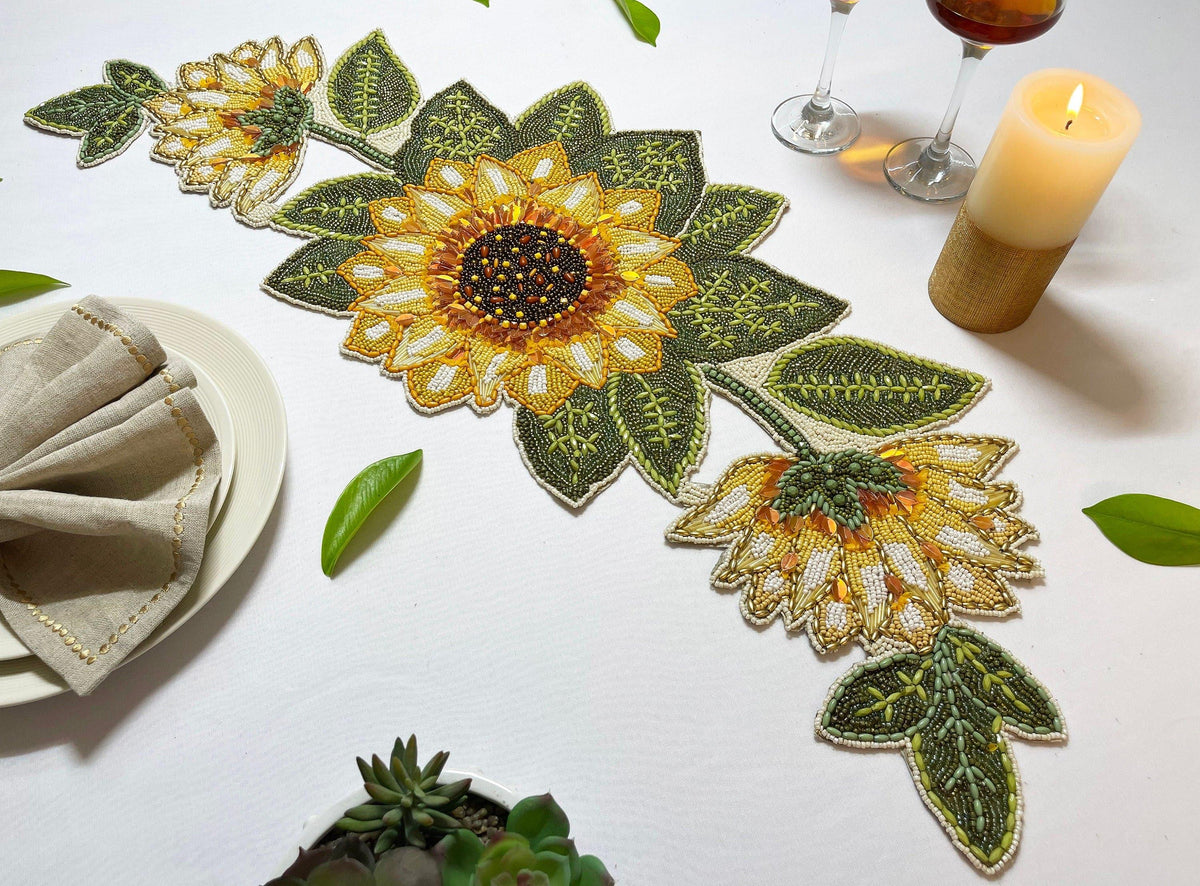 Sunflower and Leaves Beaded Table Runner