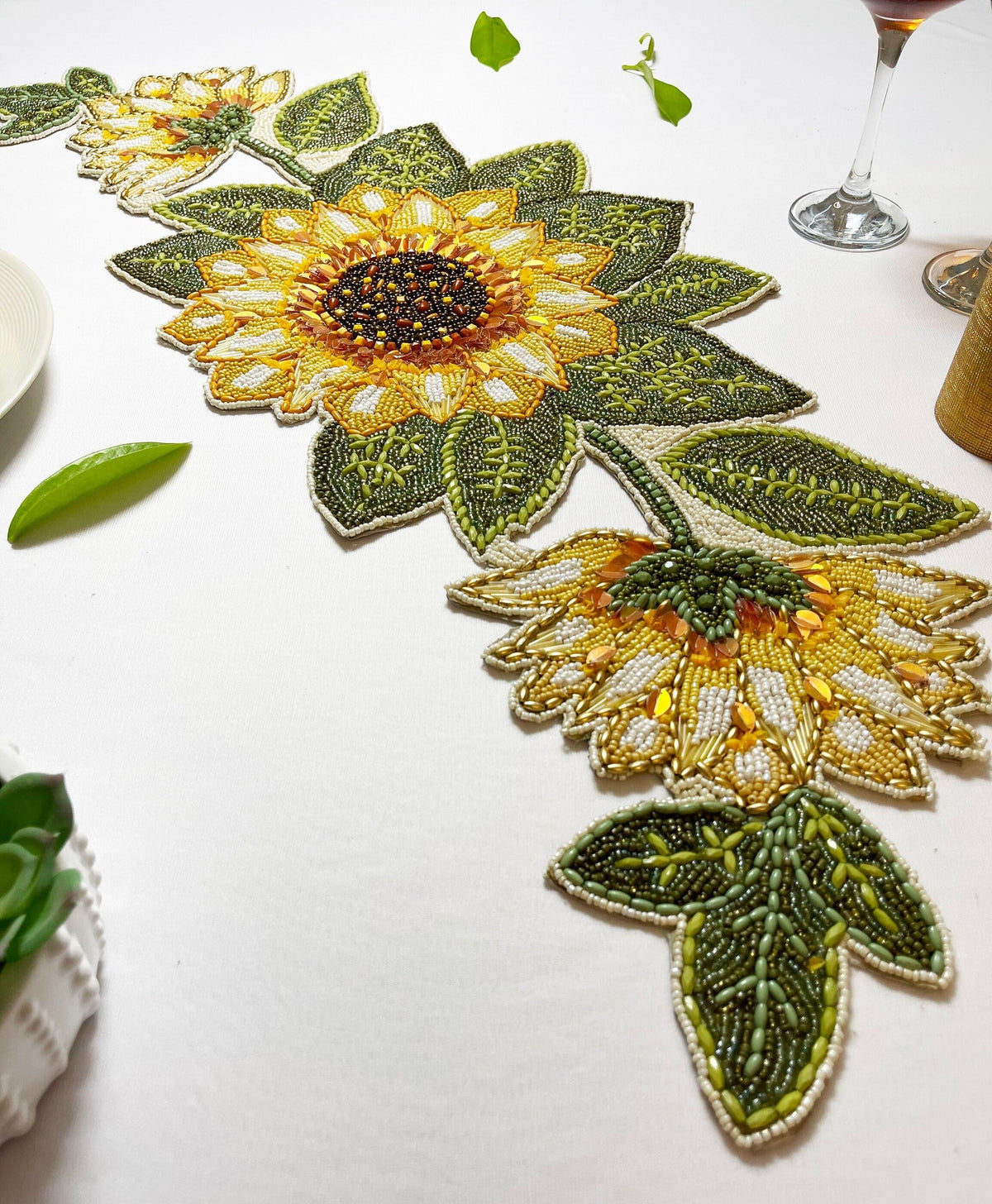 Sunflower and Leaves Beaded Table Runner