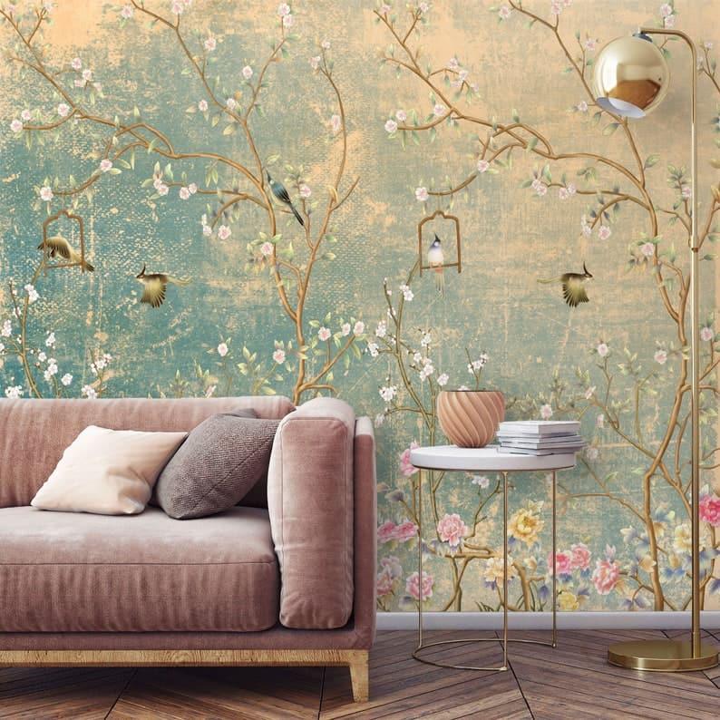 Sunset Romance Chinoiserie Birds and Floral Wallpaper