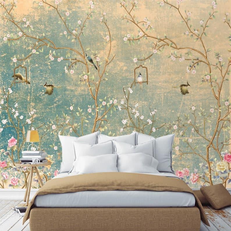 Sunset Romance Chinoiserie Birds and Floral Wallpaper