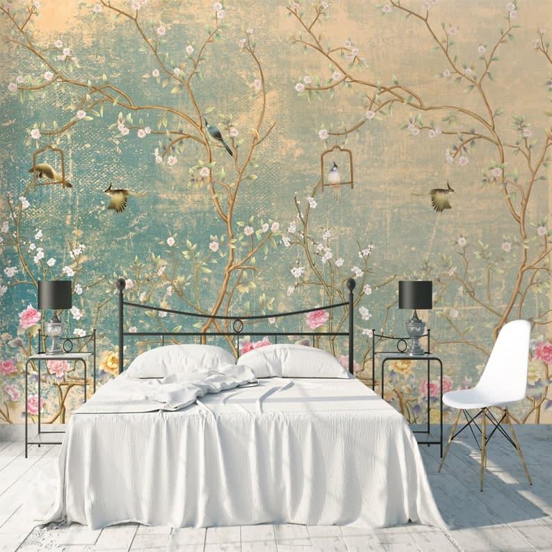 Sunset Romance Chinoiserie Birds and Floral Wallpaper