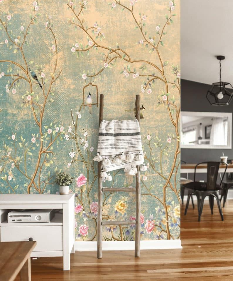 Sunset Romance Chinoiserie Birds and Floral Wallpaper