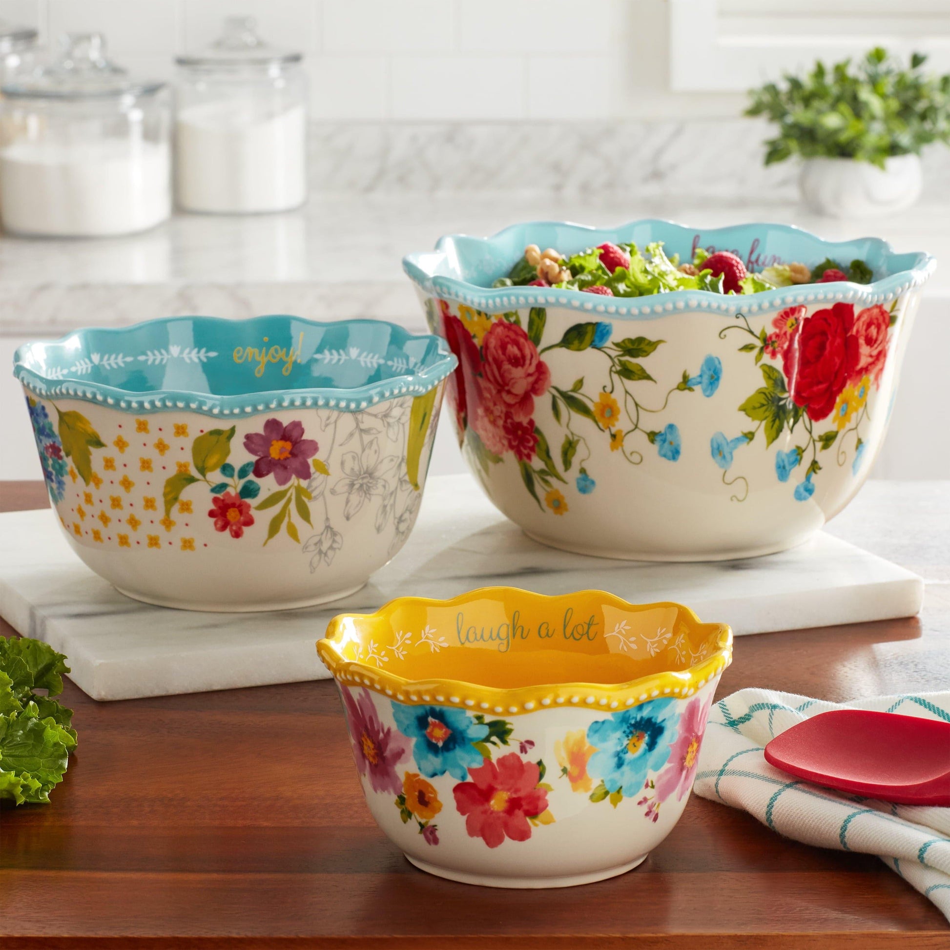 Sweet Rose Sentiment Serving Bowls, 3-Piece Set - MAIA HOMES