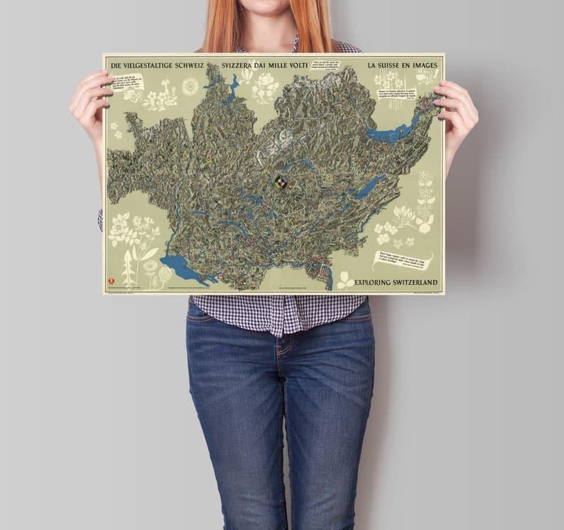 Switzerland Map Wall Print| 1939 Switzerland Map