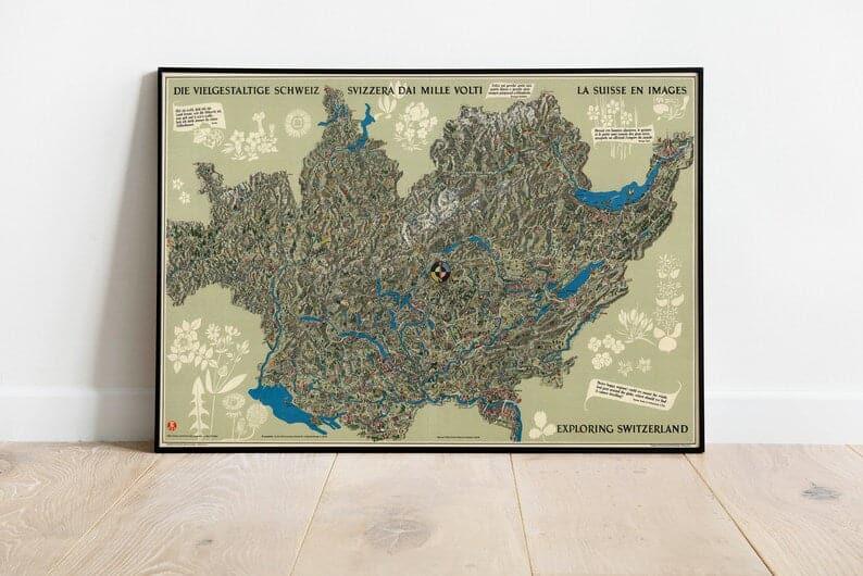 Switzerland Map Wall Print| 1939 Switzerland Map