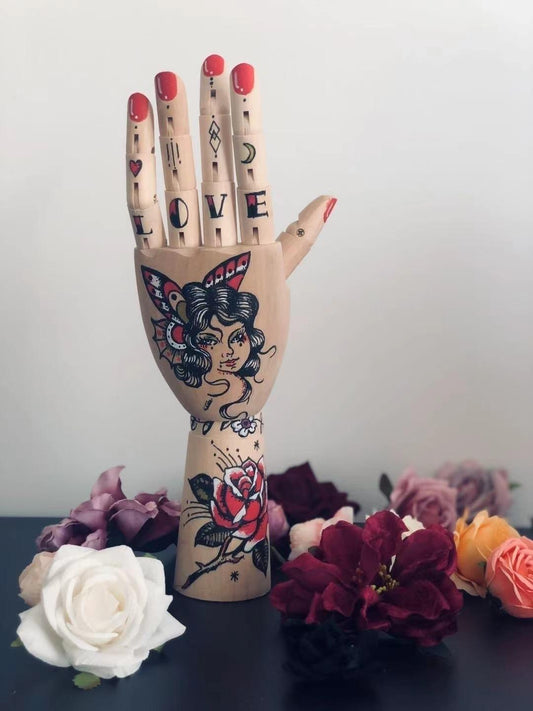 Tattooed Wooden Movable Joint Hand Decor | MAIA HOMES