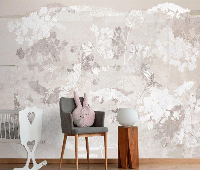 Taupe Mauve Abstract Floral Wallpaper Mural