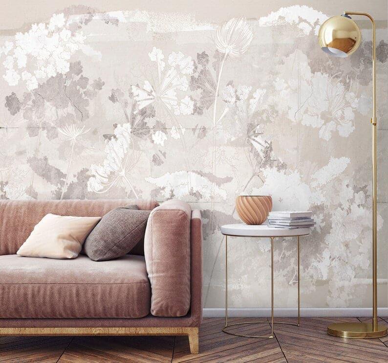 Taupe Mauve Abstract Floral Wallpaper Mural