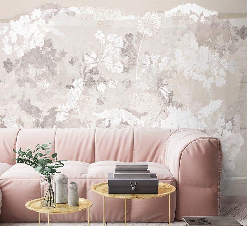 Taupe Mauve Abstract Floral Wallpaper Mural