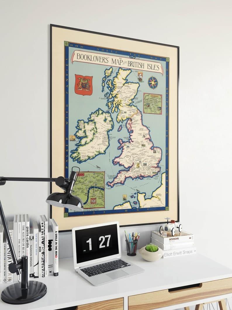 The Booklovers Map of the British Isles 1927| Britain Old Map Wall Print