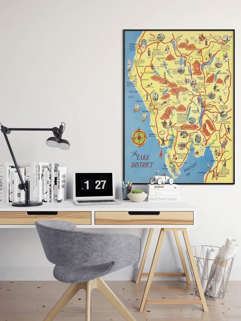 The Lake District Map of England| Lake District Map Wall Art Print