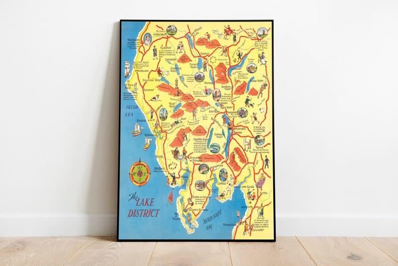 The Lake District Map of England| Lake District Map Wall Art Print