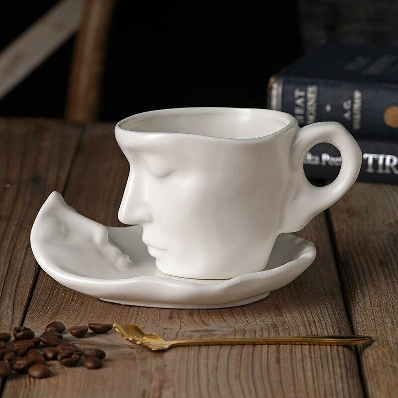 Thinker Face Ceramic Coffee Mug and Saucer Set White