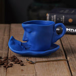 Thinker Face Ceramic Coffee Mug and Saucer Set Blue