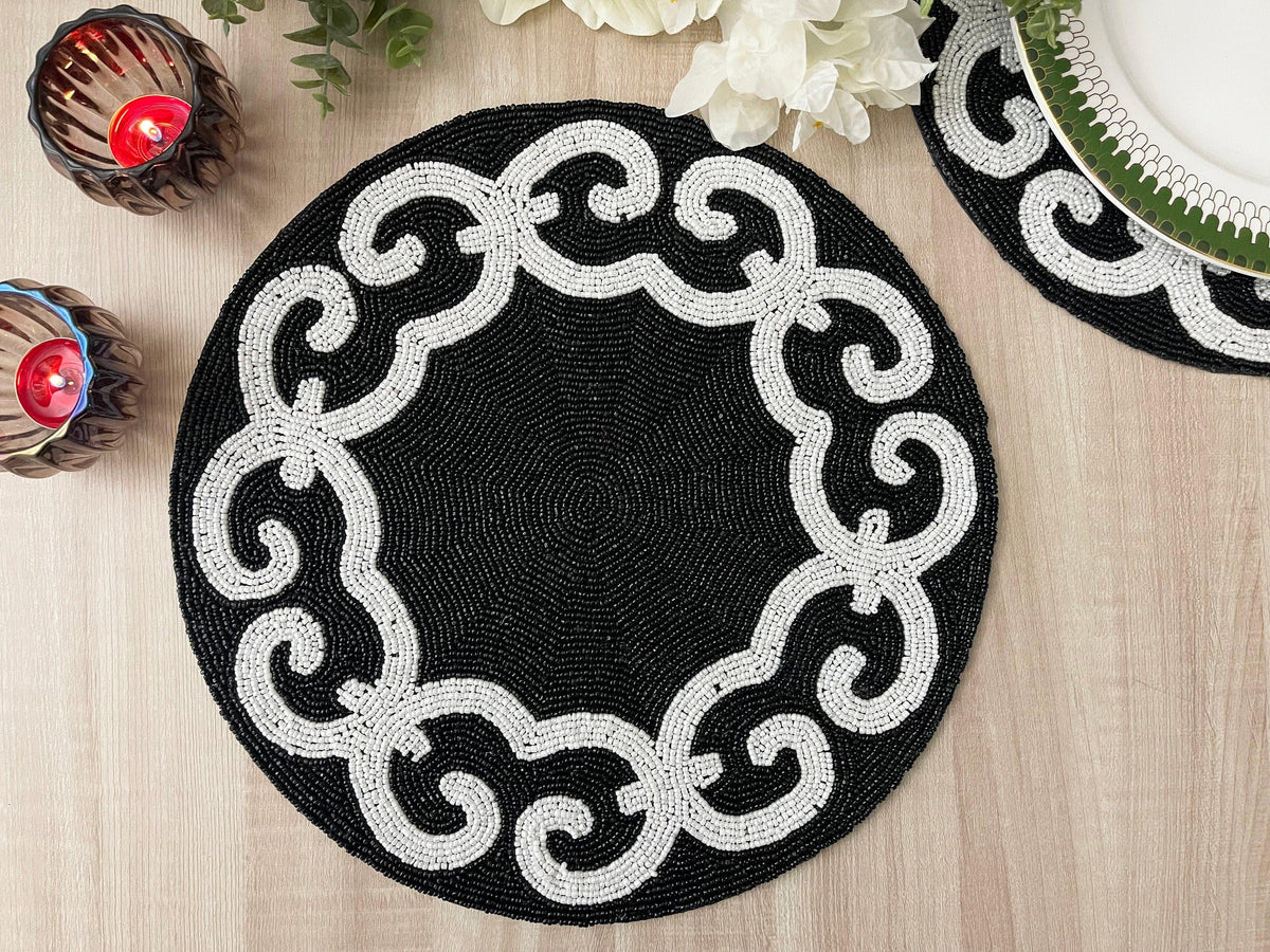 Tianna Black and White Beaded Round Placemat Set of 6