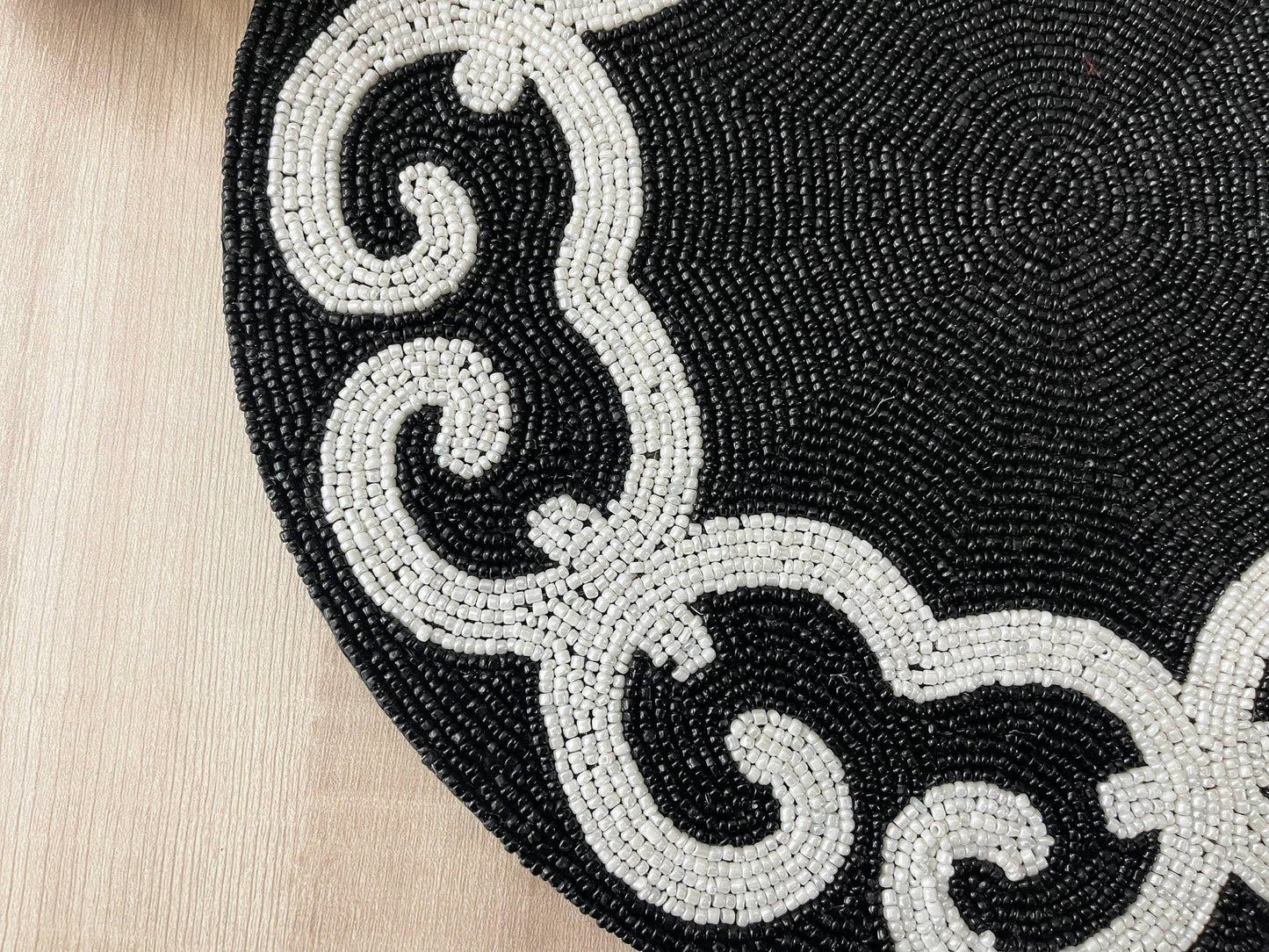 Tianna Black and White Beaded Round Placemat - MAIA HOMES