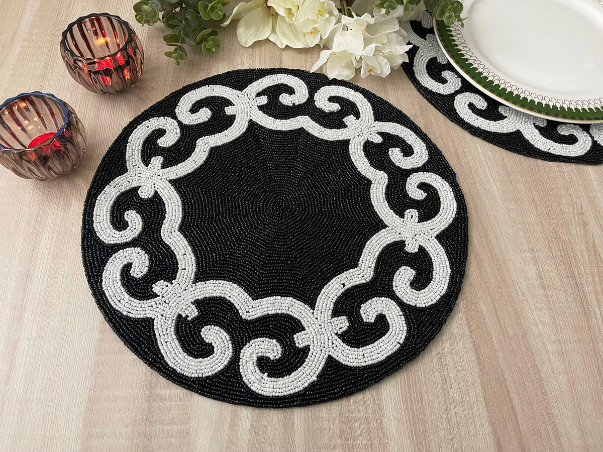 Tianna Black and White Beaded Round Placemat