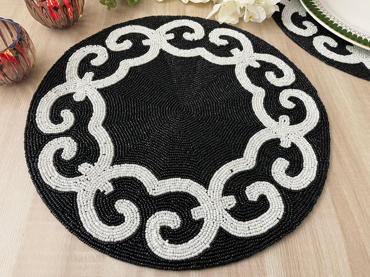 Tianna Black and White Beaded Round Placemat - MAIA HOMES
