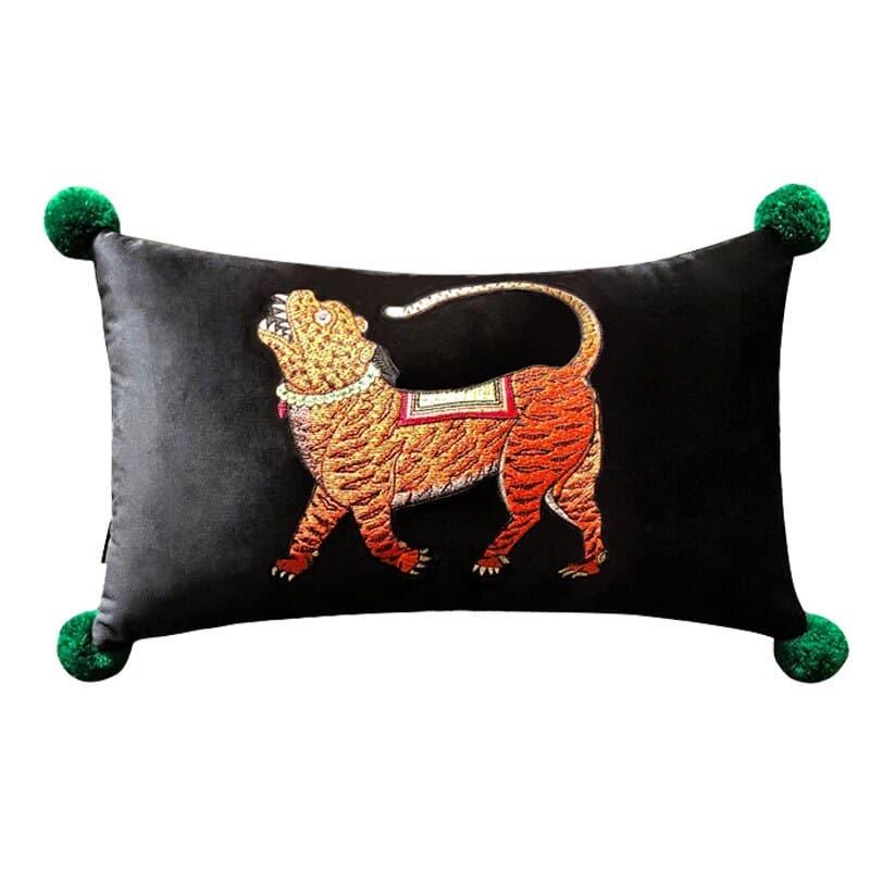 Tibetan Tiger Black Lumbar Pillow Cover with Pom Pom Right