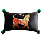 Tibetan Tiger Black Lumbar Pillow Cover with Pom Pom Left