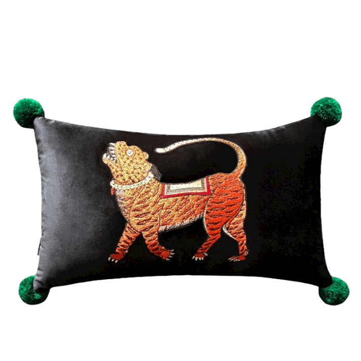 Tibetan Tiger Black Lumbar Pillow Cover with Pom Pom