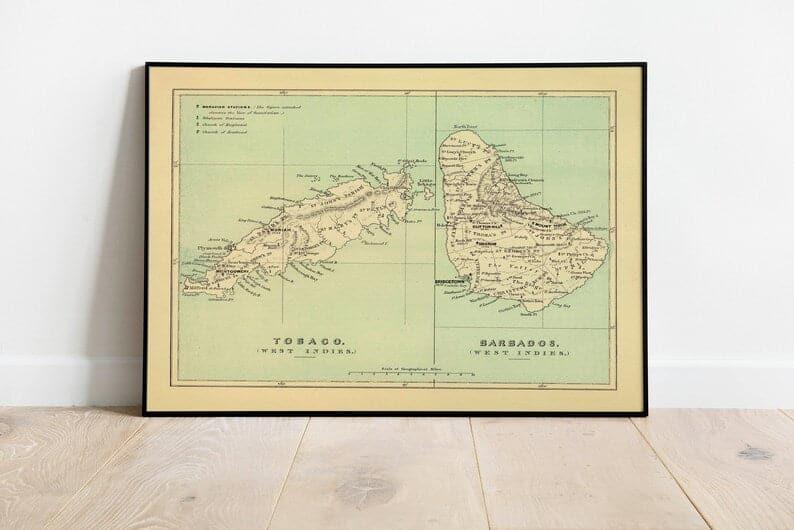 Tobago and Barbados Islands Map Poster 1853| Barbados Map Wall Art Print