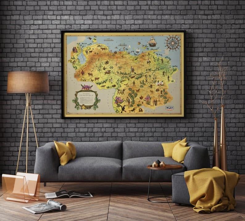 Tourist and Road Map of Venezuela| Old Map Venezuela Wall Print