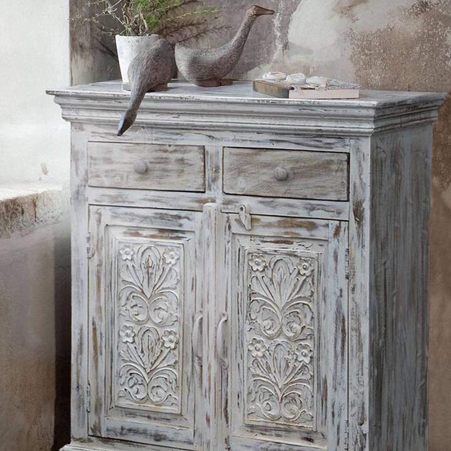 Traditional Hand Carved Grey Wooden Cabinet