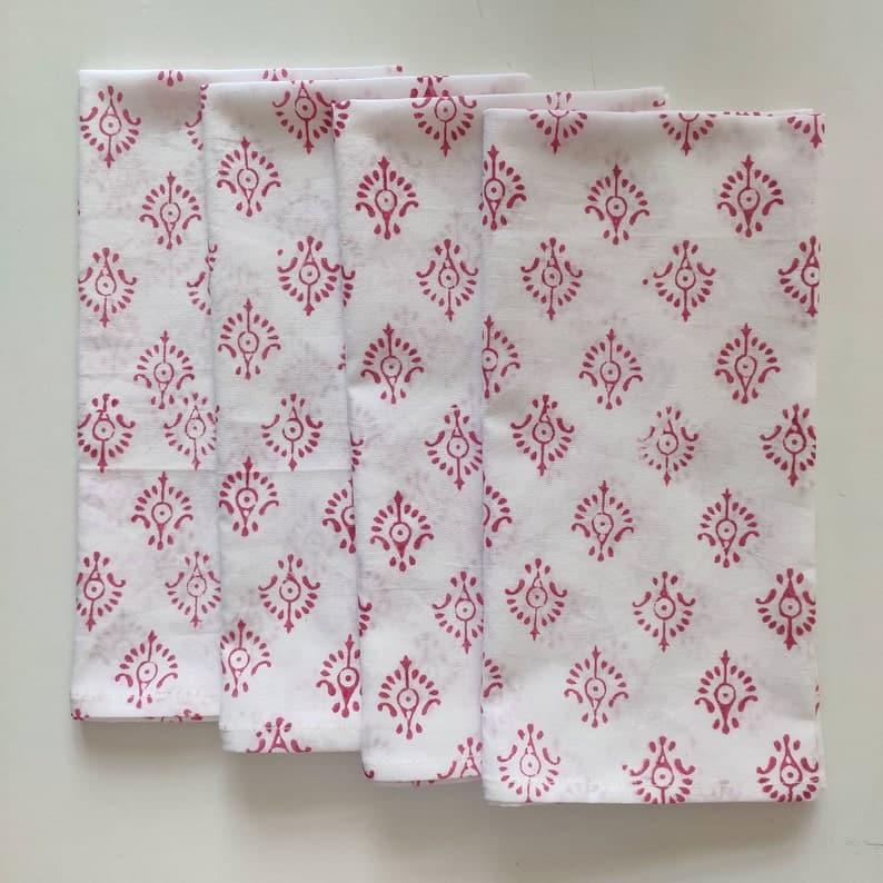 Traditional Pink and White Hand Block Printed Cotton Napkins