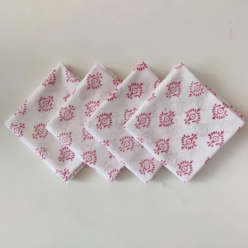 Traditional Pink and White Hand Block Printed Cotton Napkins